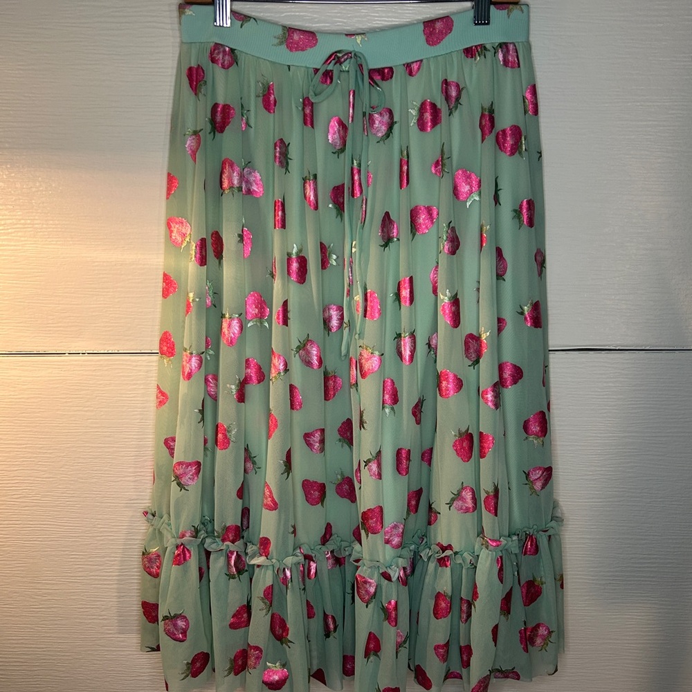 Blackmilk Mint Green Maxi Skirt with Pink Strawberry Print